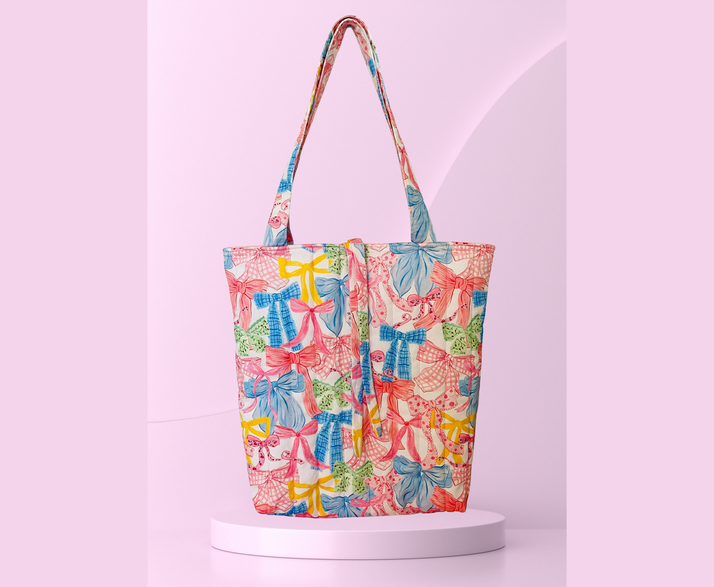 Quilted Tote Bag - Pretty Bows, pink lining