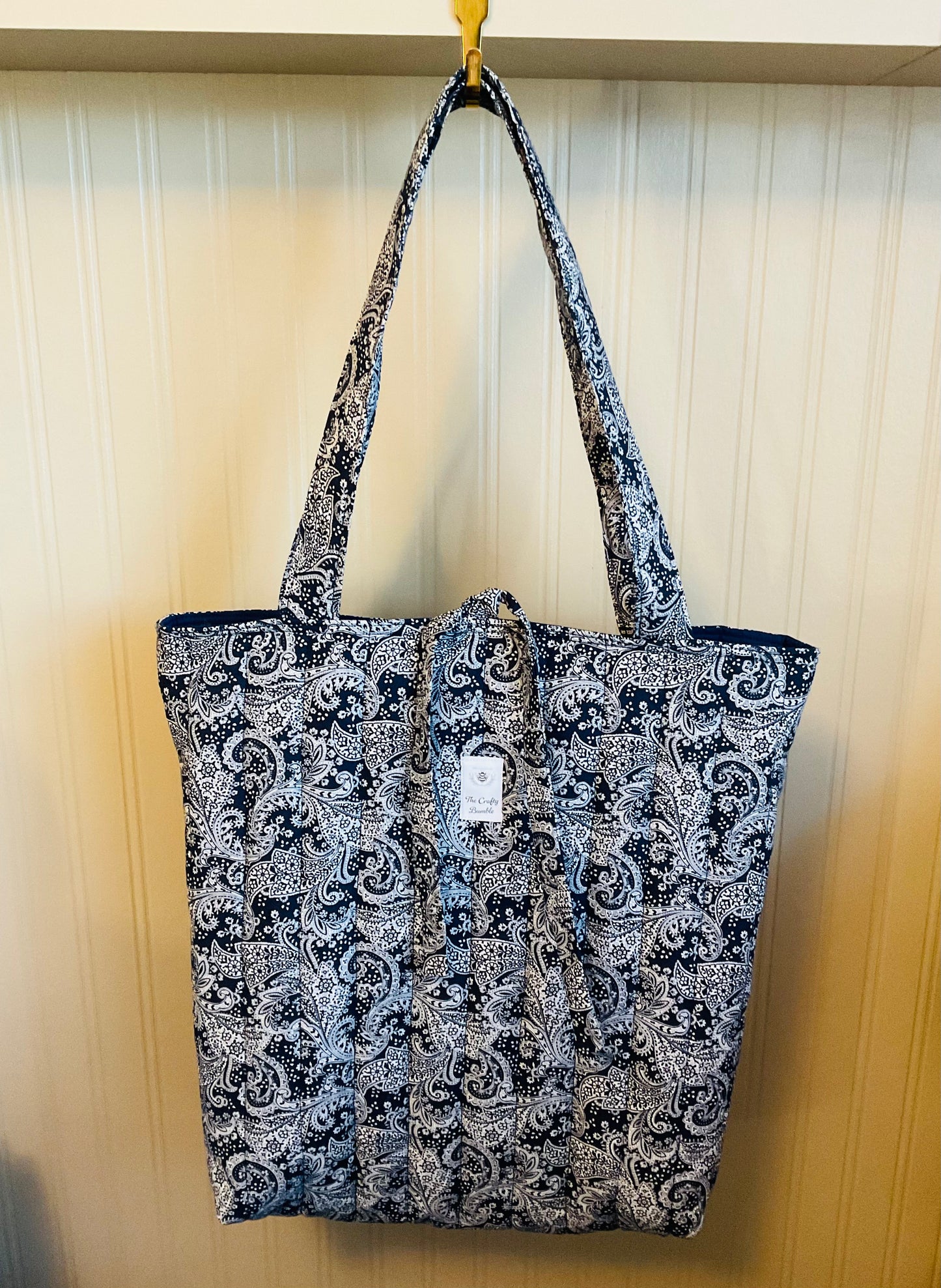 Quilted Tote Bag - Dark Blue Paisley